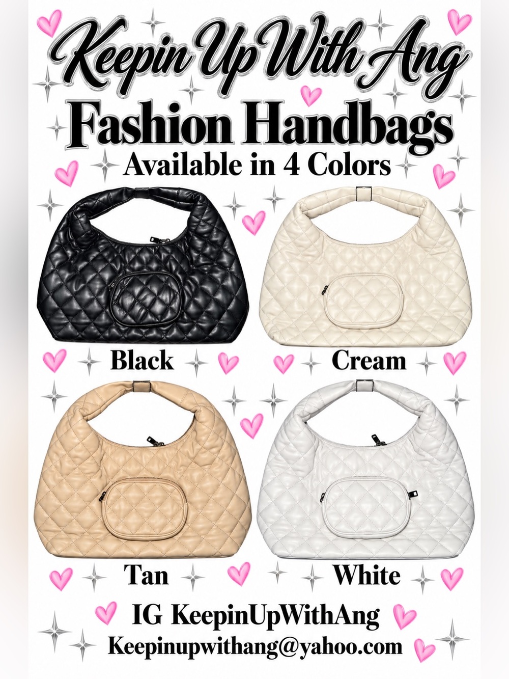 Quilted Hobo Handbag - Black, Cream, Tan, White